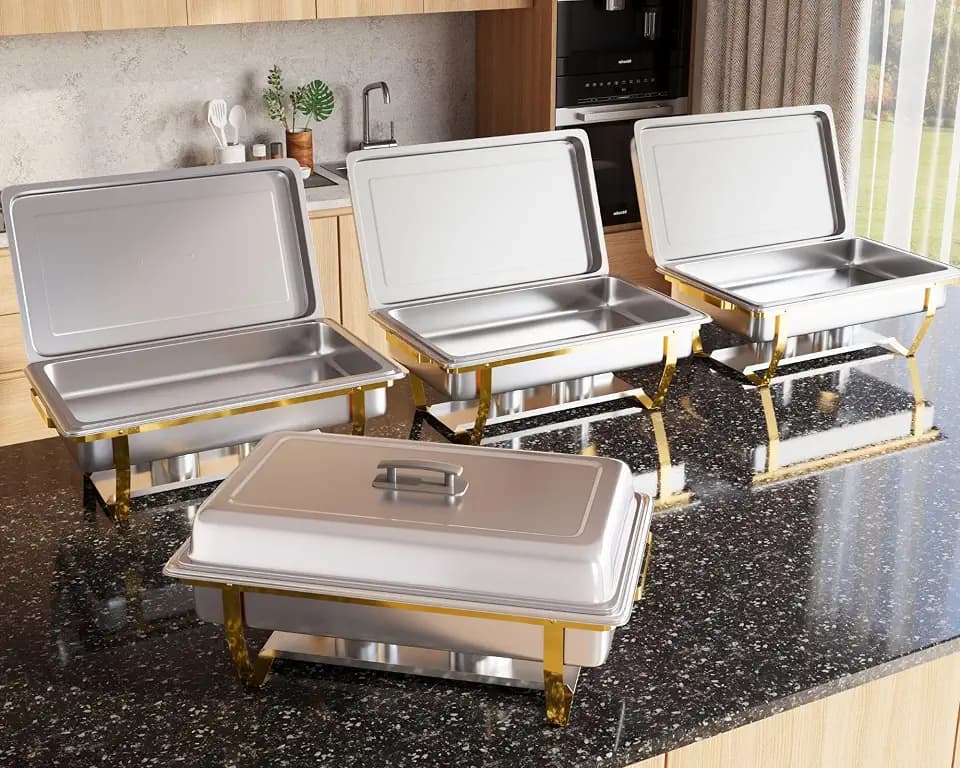 Alpha Living 4 Pack 8QT Chafing Dish Full Set – Stainless Steel Catering Chafer with Lids, Pans & Fuel Holders – Buffet Food Warmers for Parties, Events & Weddings – Gold Frame
