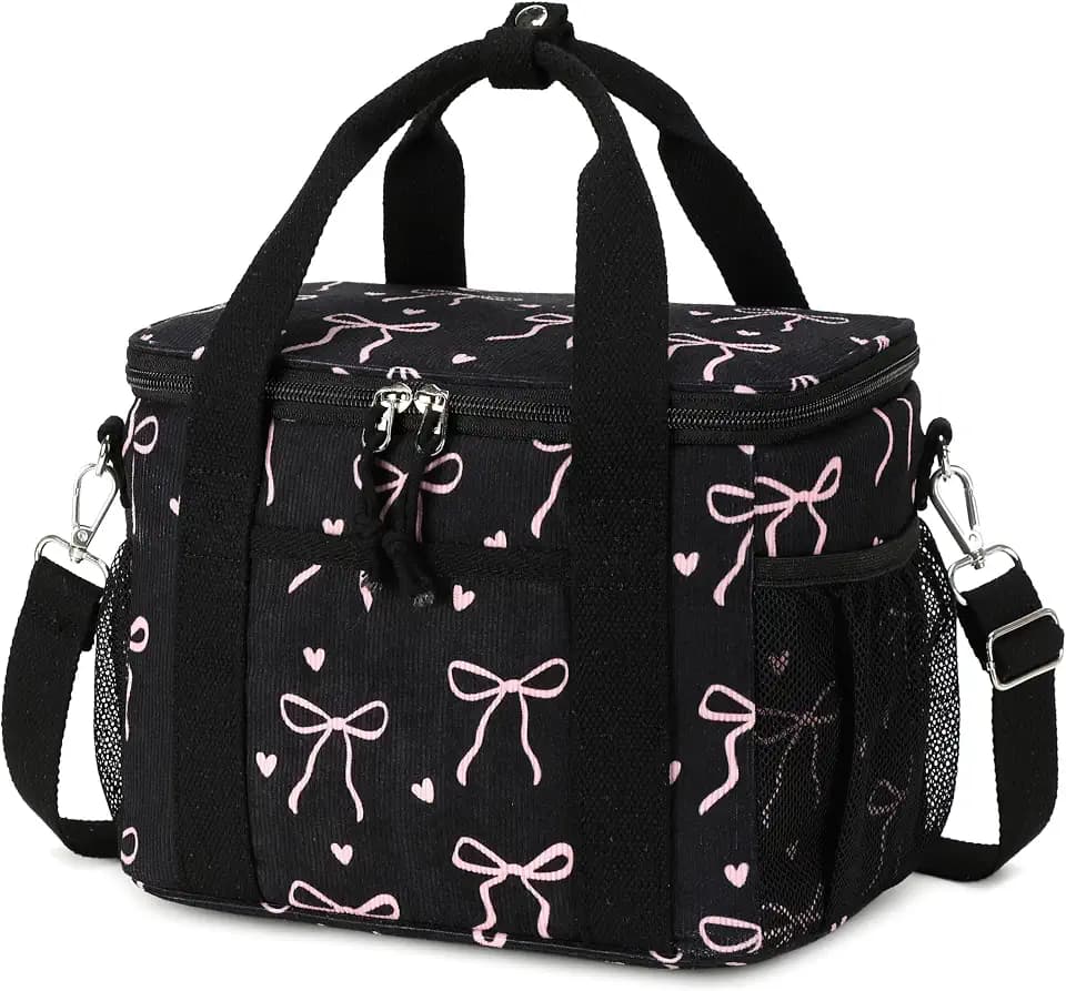 LOIDOU Lunch Box for Women Men Insulated Corduroy Lunch Bag Cooler Leakproof Reusable Adult Lunchbox Adjustable Strap lunch tote for Work Office Beach Picnic (Black Bow)