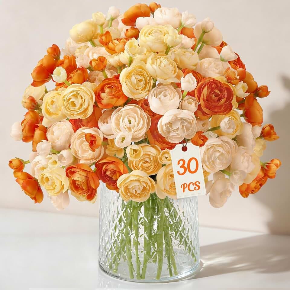 Alupssuc 30Pcs Ranunculus Artificial Flowers Fall Faux Silk Mini Ranunculus