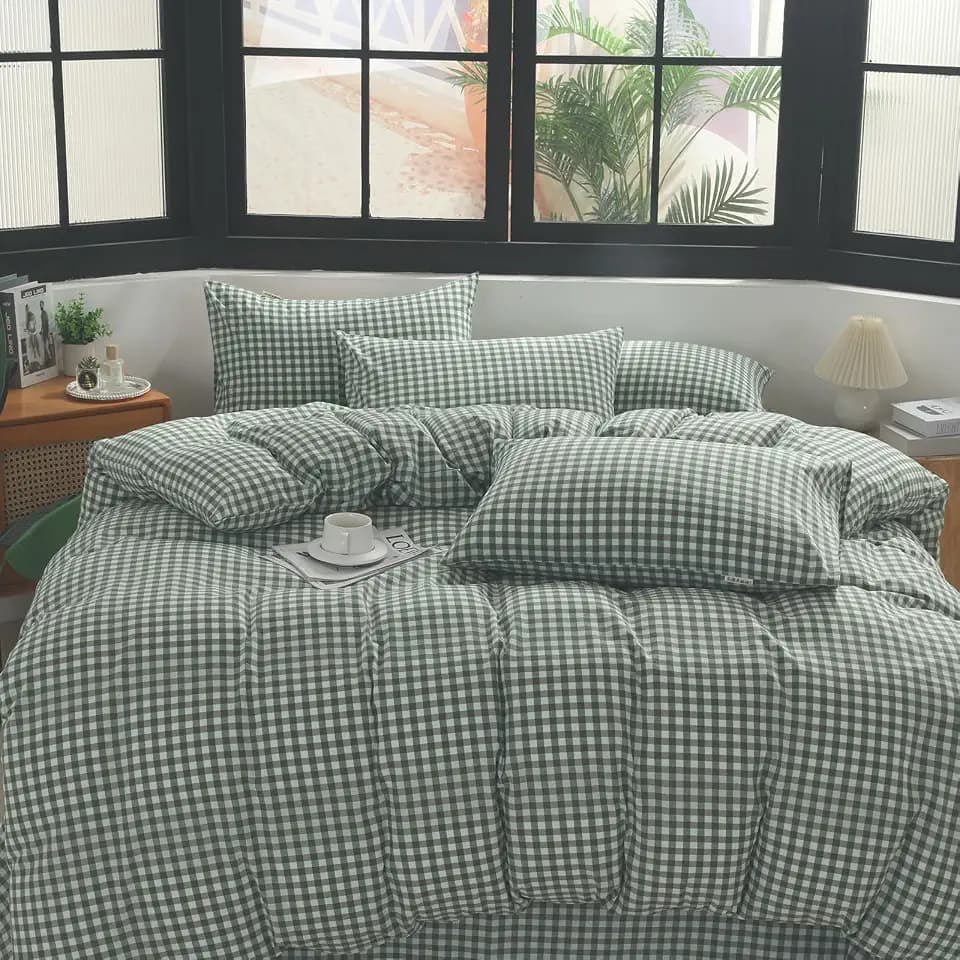 Green Gingham Duvet Cover Set, 100% Washed Cotton Linen Like, Twin Size