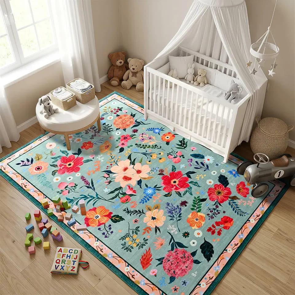 Terrug Floral Washable Area Rug for Bedroom, 4x6 Green Rug Boho Ultra-Thin Rugs for Entryway, Soft Non Slip Carpet Vintage Rug for Living Room, Entry, Kitchen, College Dorm, Dining Room, Nursery