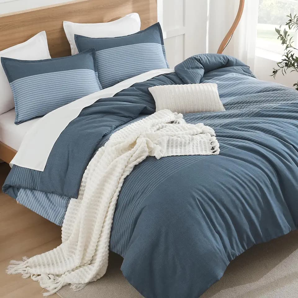 Litanika Haze Blue King Size Comforter Set - 3 Pieces Stripe Bed Set