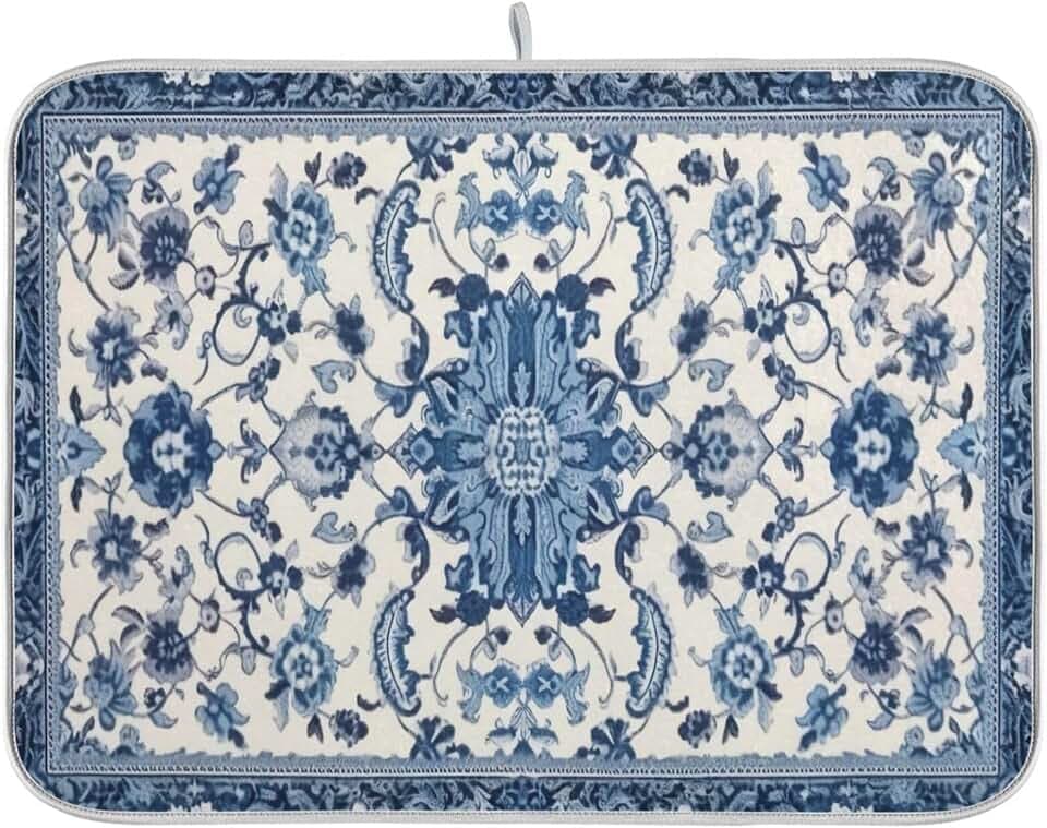 Dish Drying Mat Blue and White Kitchen Counter Pad Absorbent 18"x16"