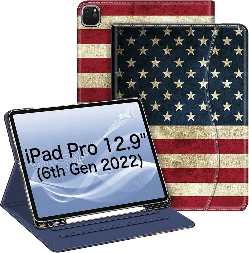 Fintie Folio-Hülle für iPad Pro 32,8 cm (12,9 Zoll), 6. Gen. 2022, iPad Pro 32,8 cm (12,9 Zoll) 2021, 5. Gen. 2020, 4. Gen. 2018, 3. Gen., Multi-Winkel, Smart-Ständer, Stifthalter/Tasche, US-Flagge