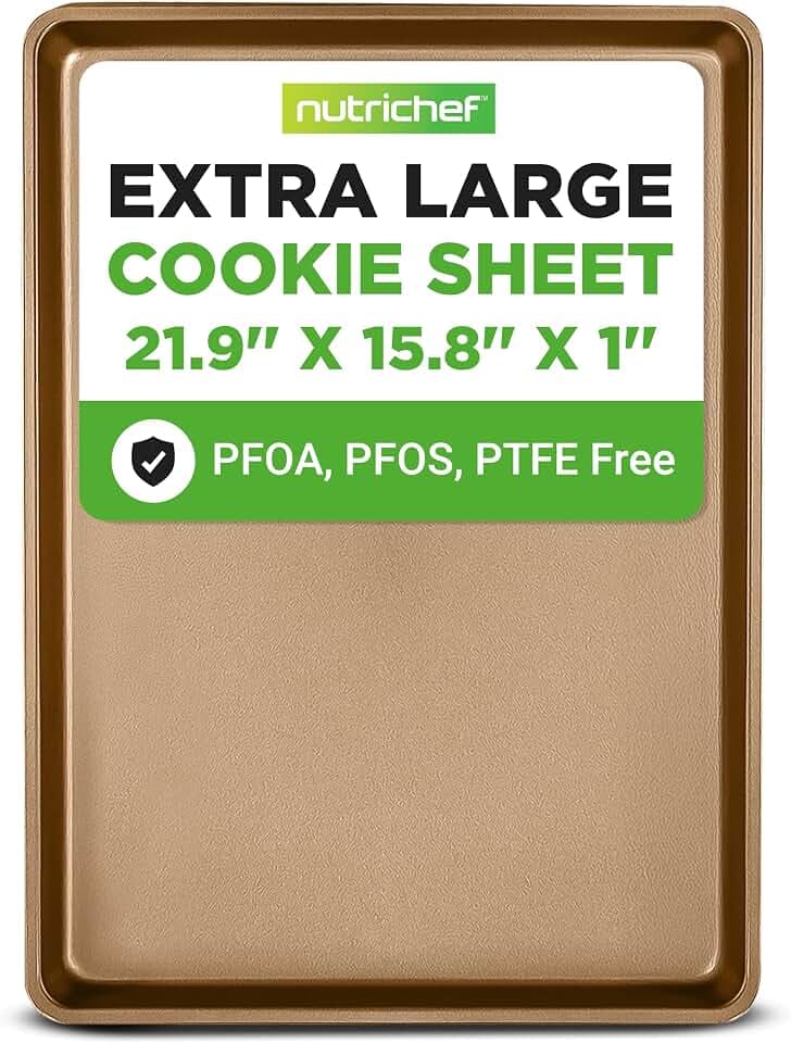NutriChef Nonstick XL Cookie Sheet Baking Pan, Extra Large 22 Inch x 16 Inch, Carbon Steel Oven Baking Sheet for Cookies & Pastries, Gold - NCLG1GD