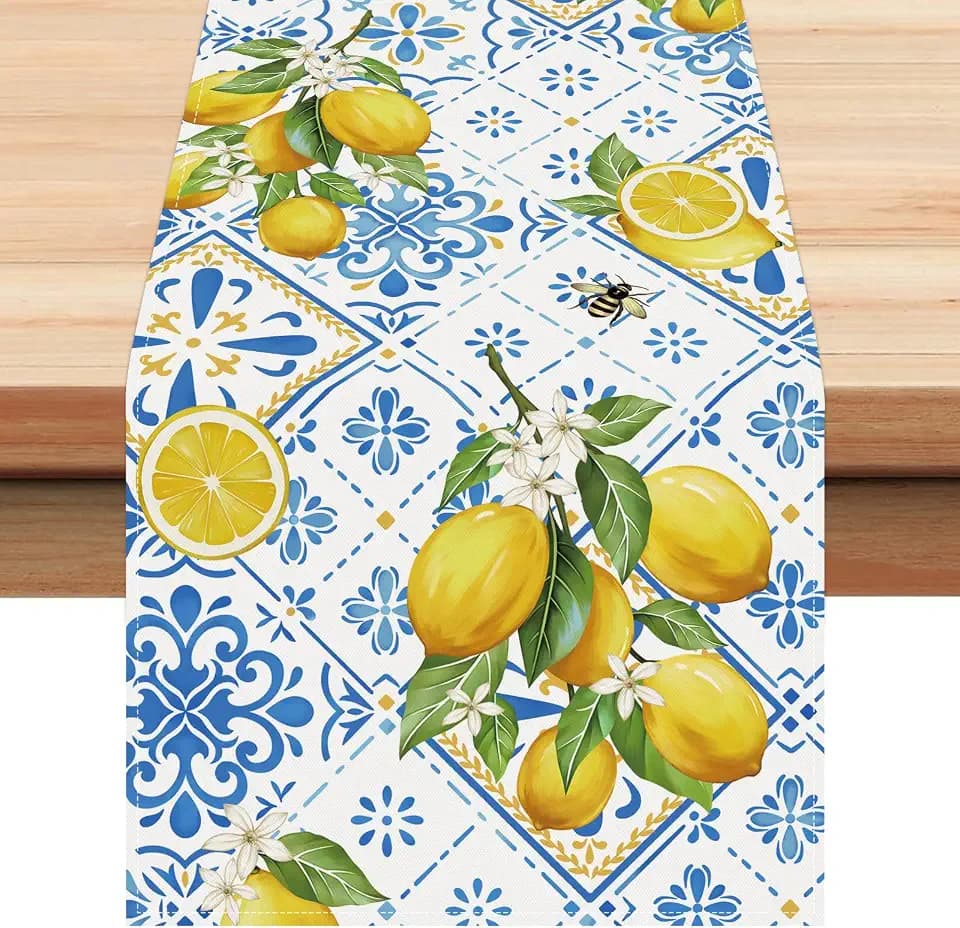 Bonhause Lemon Table Runner 13 x 90 Inch Italian Blue Tiles Lemons