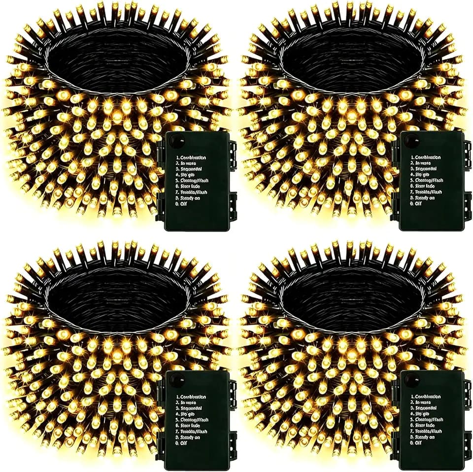 Upgraded 4Pack 160FT 400 LED Battery Operated Christmas String Lights Outdoor/Indoor, Timer & 8 Modes with Green Wire Christmas Tree Lights, Waterproof Fairy Lights for Xmas Tree Garden(Warm White)