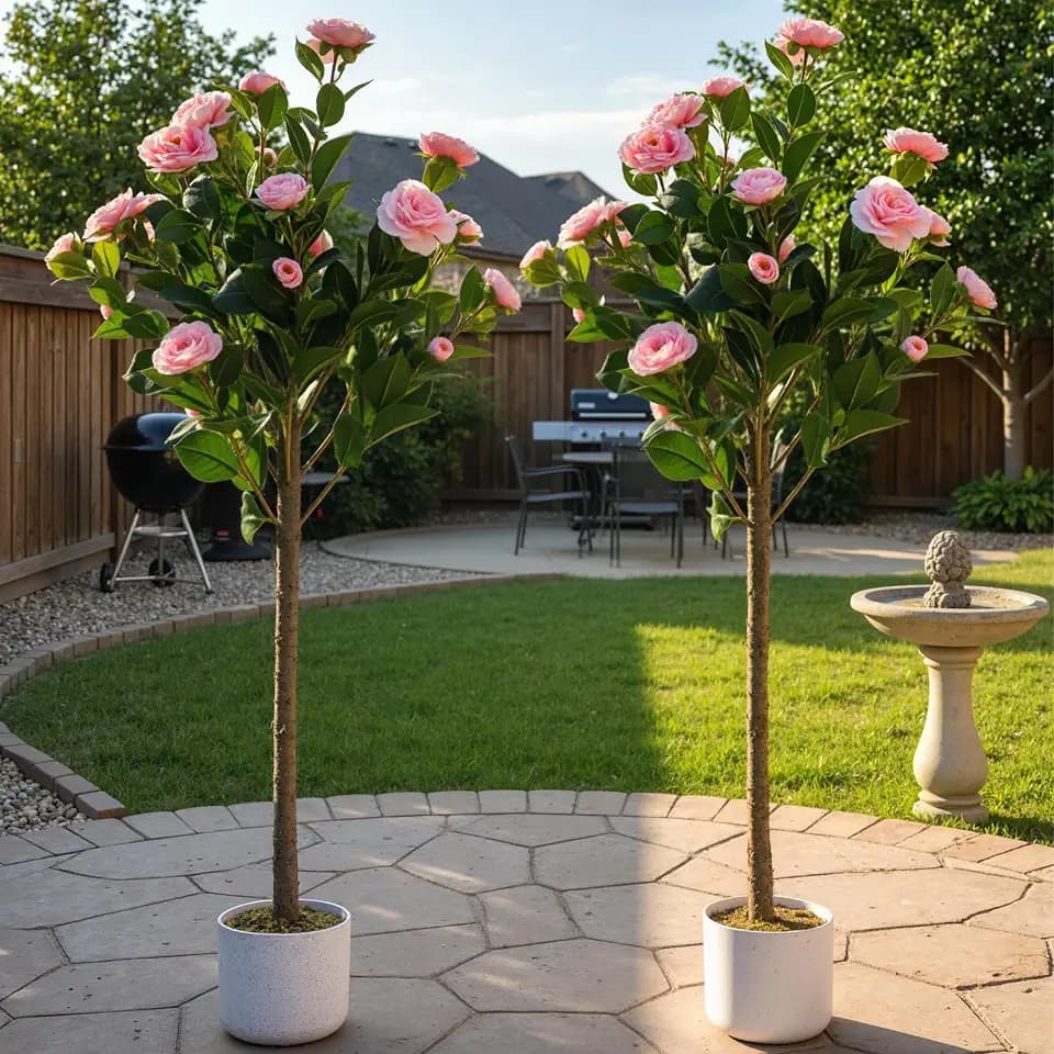GAOMON Artificial Camellia Tree 2 Pack,3.6FT Realistic Camellia Plants in Pot with Flowers Fake Artificial Tree for Indoor and Outdoor,Wedding Decoration,Pink