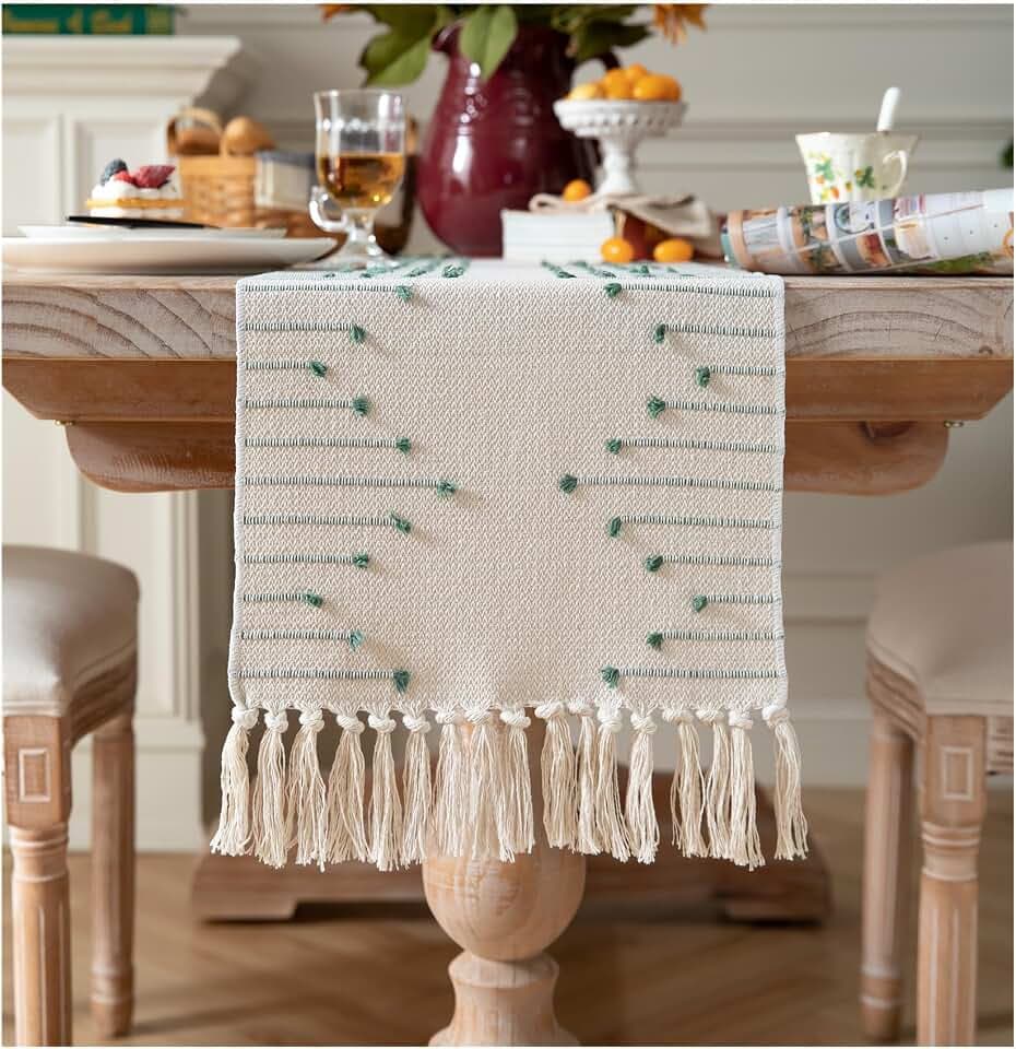 Caflife Green Beige Cotton Linen Rustic Boho Table Runner 13 x 72 Inch Long