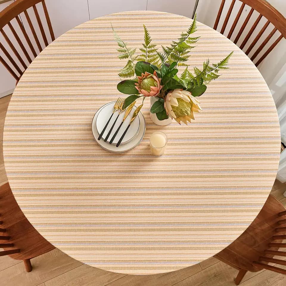 Stripe Beige 51"-56" Elastic-Fitted Round Flannel-Backed Vinyl Tablecloth