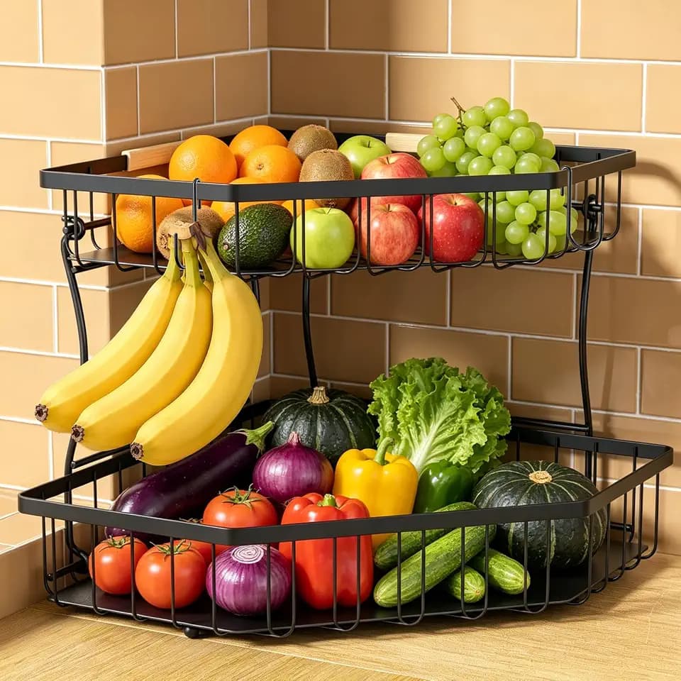 2 Tier Fruit Basket Extra Large with 2 Banana Hangers for Corner