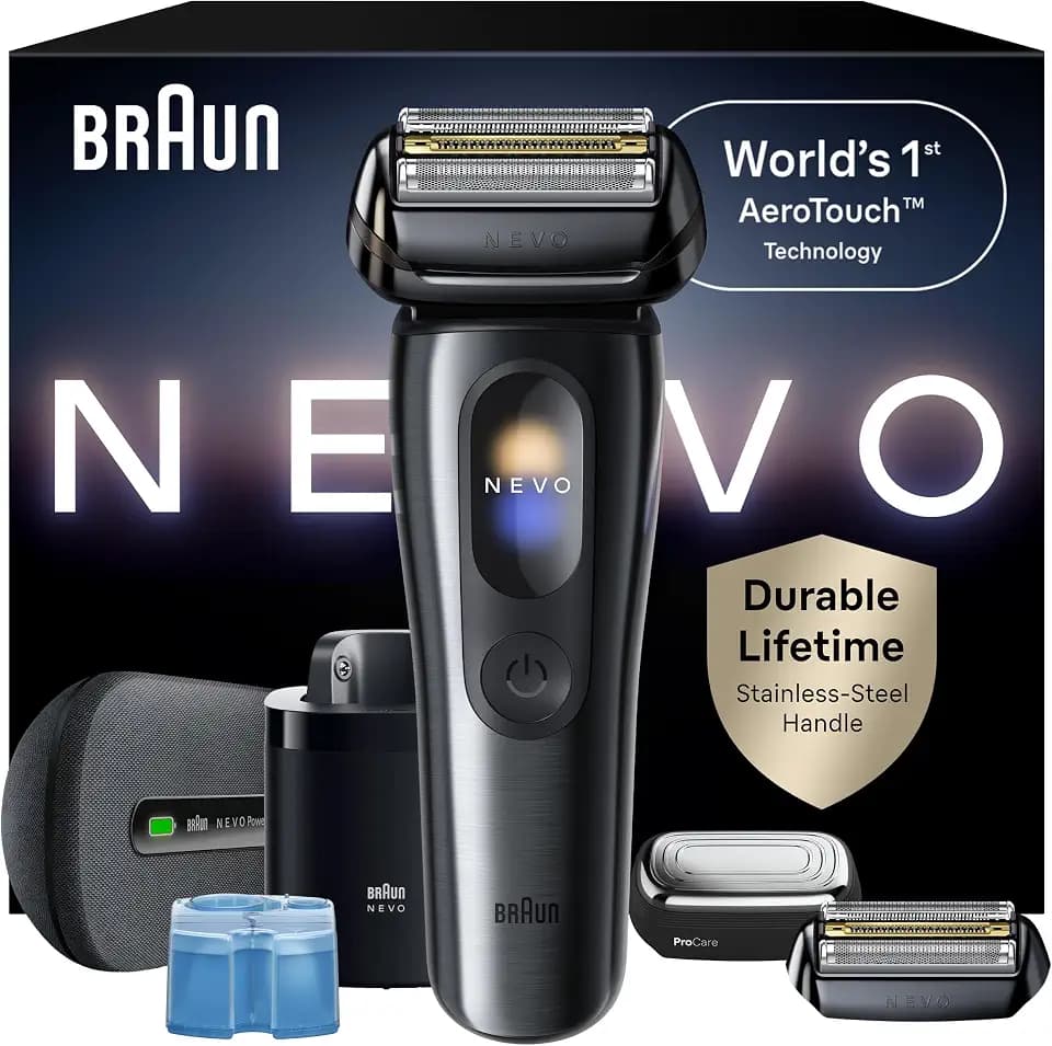 Braun NEVO Men's Electric Shaver with World's 1st AeroTouch Technology, Premium Value Kit, Includes Smart Display, 7in1 Care System, Power Travel Case. ProCare Attachment, Blade Refill Head, 17610C