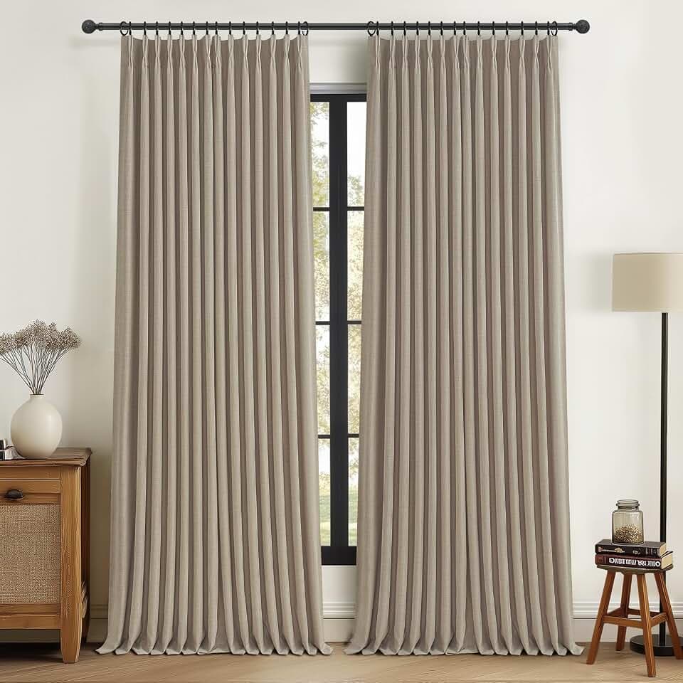 PleatedDrapes Viral Thick Burlap 102 Inch Long Patio Sliding Door Curtains, Country Pinch Pleated Taupe Natural Linen Double Layer Blackout Curtain Soundproof Privacy Cottagecore Window Drapes 2 Panel