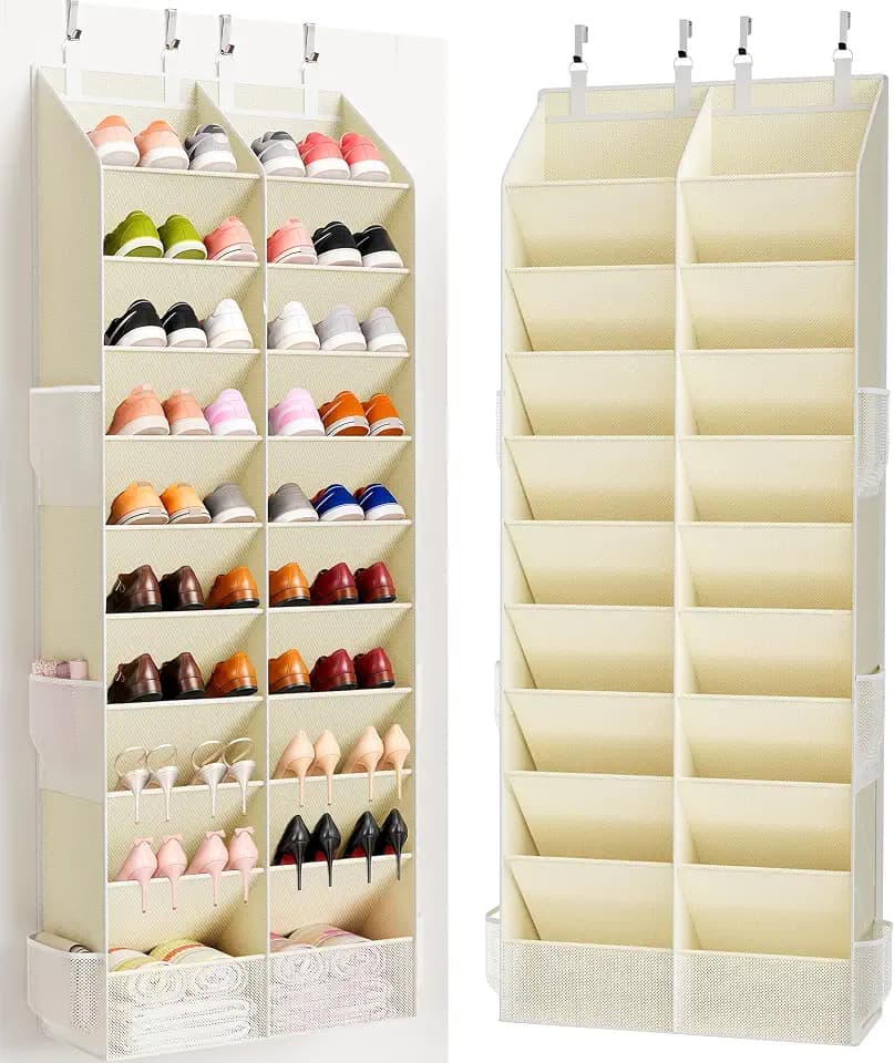 Criusia Over the Door Shoe Organizer, 20-30 Pairs Heavy-Duty Hanging Shoe Storage with Large Pockets, 10-Tier Door Shoe Rack with 4 Hooks for Sneakers Sandals Heels Boots (Beige)