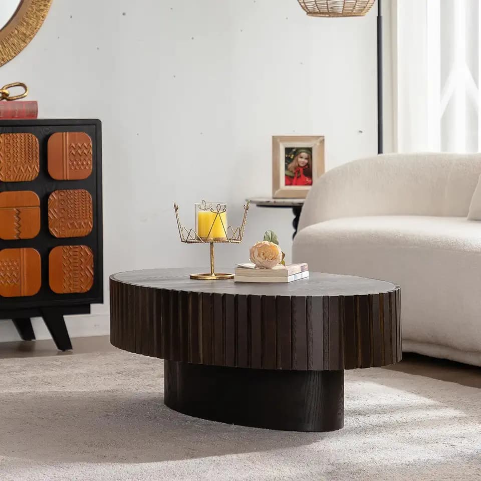 GDFStudio Oval Coffee Table with Handcrafted Grooves Relief, Modern Round Tea Table Small Living Room Side Tables, Solid Wood Accent Circle Coffee Tables with MDF Pedestal, Easy Assembly, Walnut Black