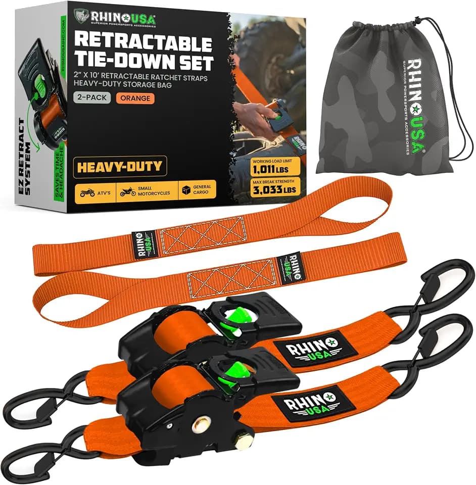 Rhino USA Retractable Ratchet Straps (2-Pack) - 2in x 10ft, 3,033lb, Orange