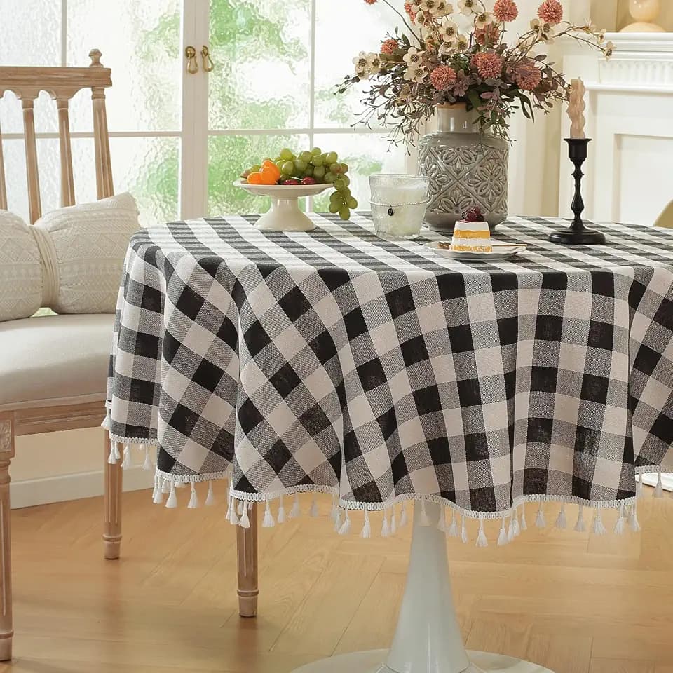 Laolitou Black Checkered 60" Round Tablecloth (Fits 30-48" Table) Washable Buffalo Plaid Table Cloth with Tassel Cotton Linen Gingham Table Cover for Kitchen Dining Room, Blakc, Round