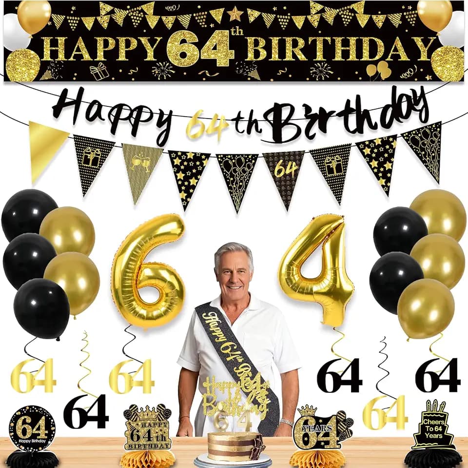 64th Birthday Decorations for Men, Black Gold 64th Party Decoration Kits