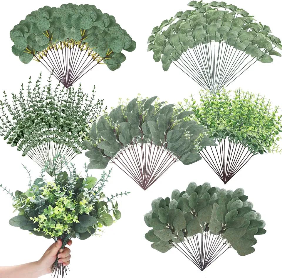 Ceenna 90 Pcs 6 Kind Mixed Eucalyptus Leaves Stem Bulk Artificial Greenery