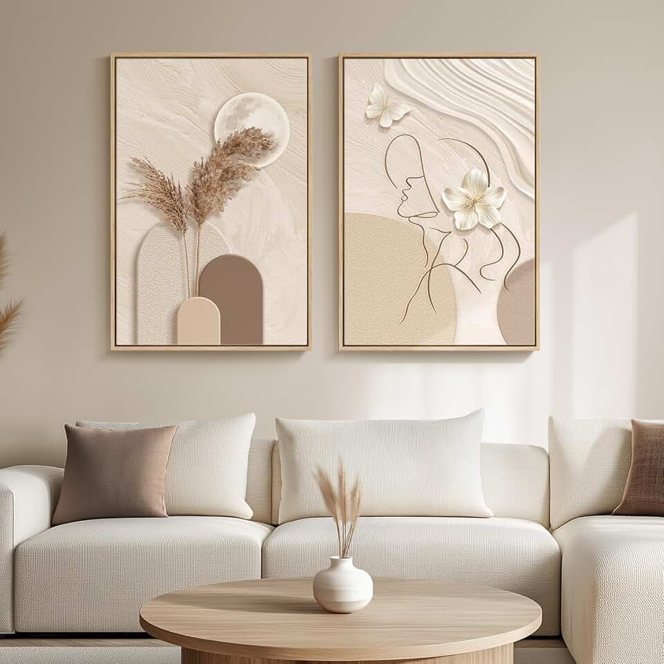 Framed Modern Neutral Beige Abstract Wall Art for Living Room, 20x30 Inch