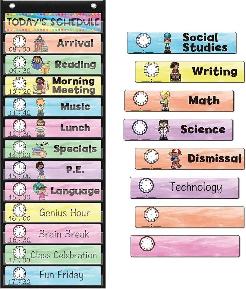 ABCxGOOD Daily Schedule Pocket Chart, Toddler Schedule Chart, 13+1 Pocket, with 21 Dry-Erase Reusable Cards Classroom Must Haves Pocket Chart