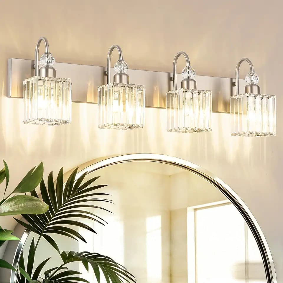 Ralbay Crystal Brushed Nickel Vanity Light for Bathroom 4-Light Modern Bathroom Light Fixtures