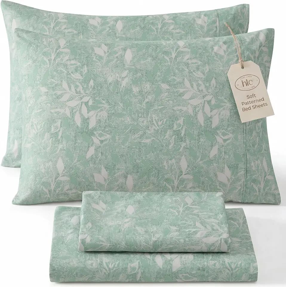 HLC.ME Leaves Printed - Floral Bed Sheets - 4 Piece Patterned Bed Sheet Set - Wrinkle Resistant & Ultra Soft - Fits Mattresses up to 15 Inches Deep (Full Size, Green)