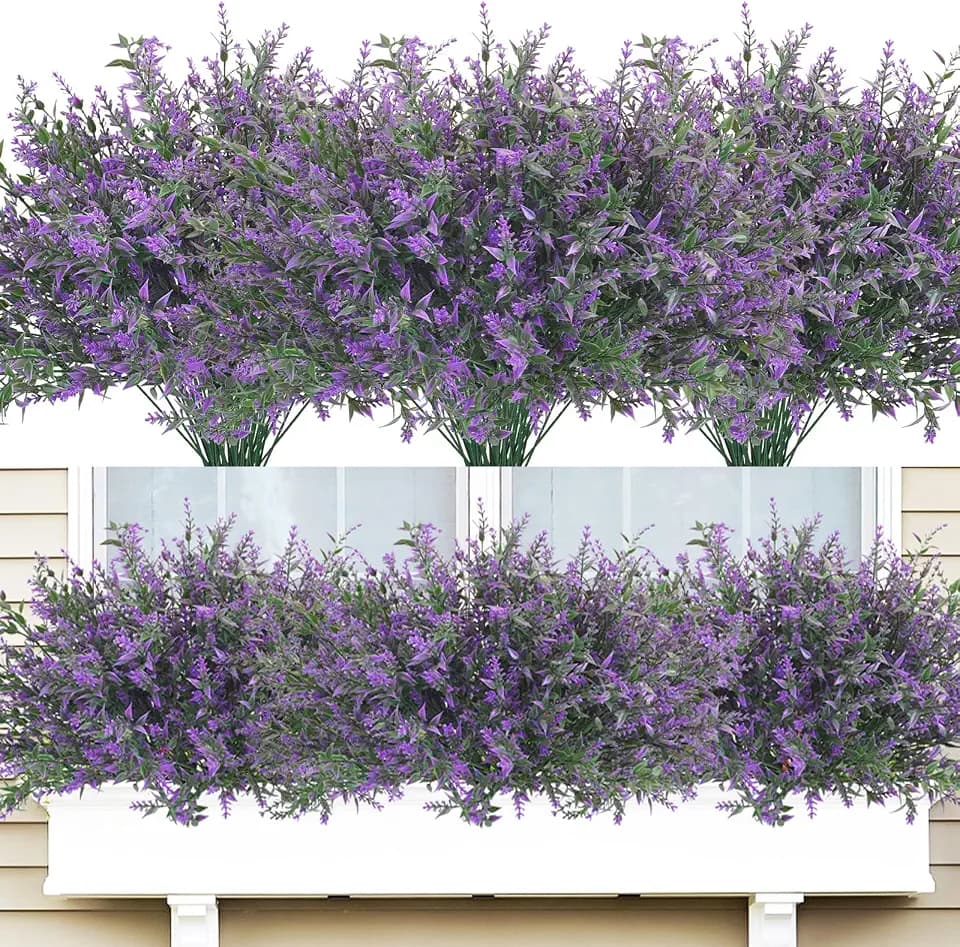 42 Pcs Fake Lavender Flowers Outdoor UV Resistant Faux Plastic Lavender Flowers No Fade Artificial Lavender Purple Plants for Outside Garden Porch Window Box Hanging Planter Decor (Purple)