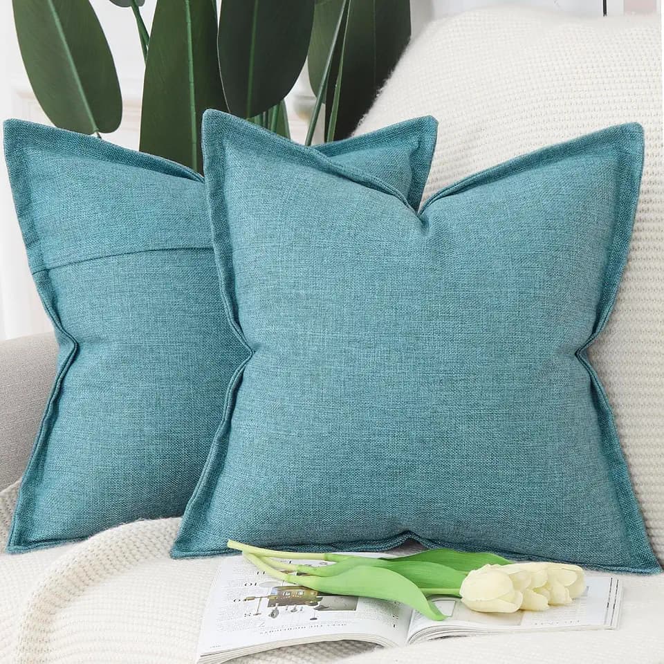 MADIZZ Pack of 2 Faux Rustic Linen Throw Pillow Covers with Flange Edge Soft Boho Natural Decorative Pillowcases for Sofa Living Room Modern Throw Pillows for Bed 20x20 Inch Blue