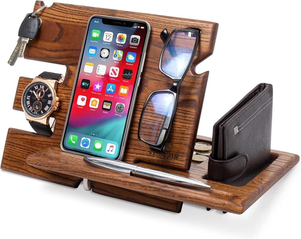 TESLYAR Holz Telefon Dockingstation Asche Baum Geldbörsenständer Schlüsselhalter & Uhren Organisator Herren Weihnachten Geschenk Ehemann Ehefrau Jubiläum Vater Geburtstag Vater Mann massiv (Beige)…