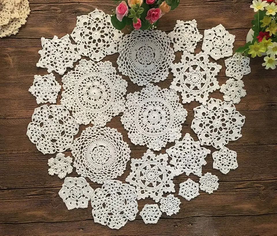 MINDPLUS Set of 24 Hand Crochet Doilies Cotton Crocheted Lace Doilies 2-7 Inches Round White Vintage Wedding Tea Party (White)