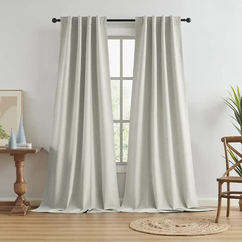 KEQIAOSUOCAI Greyish Beige Blackout Curtains 108 Inches Long 2 Panels Back Tab Pocket Hook Belt Full Black Out Thermal Insulated Boho Window Draperies for Living Room 34x108
