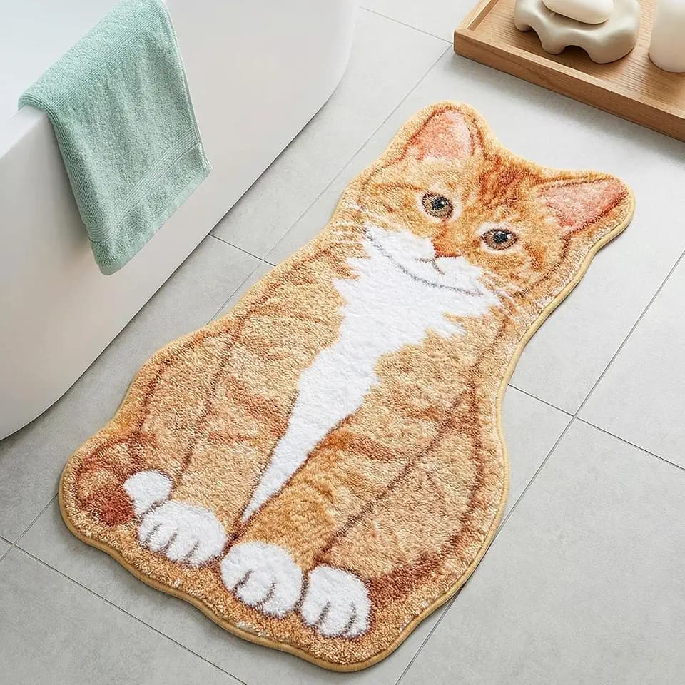 Cute Cat Bath Mat, Funky Plush Bathroom Rugs Decor for Cat Lovers