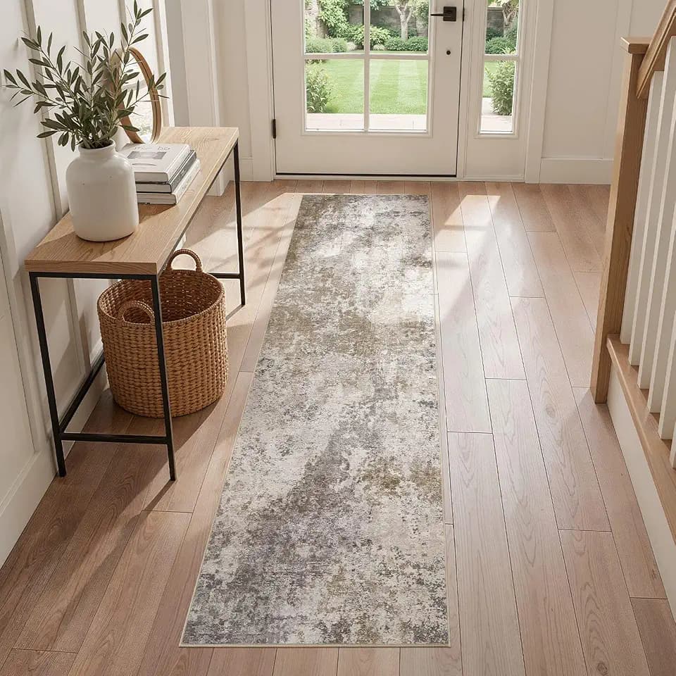Nakagishi 2x6 Abstract Washable Area Rugs for Entryway-Brown Grey