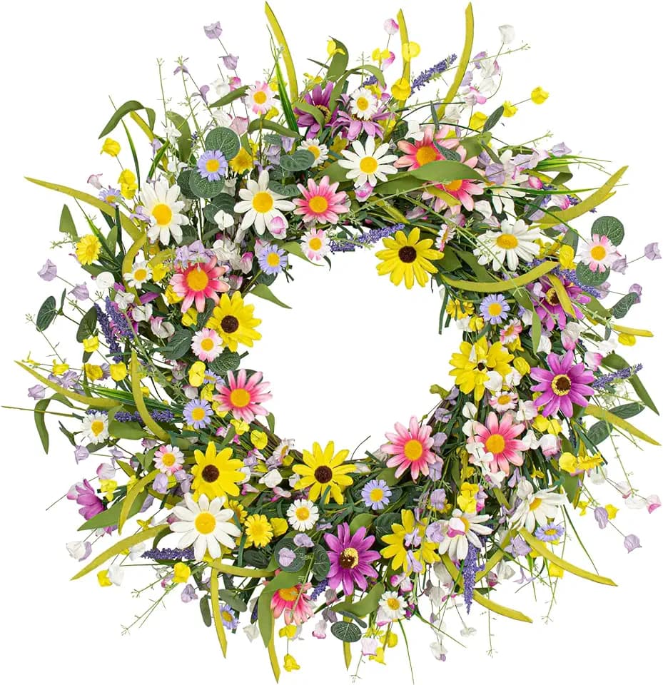 Yawwind 28 Inches Large Summer Wreaths for Front Door Spring Flower Wreaths Summer Door Wreath Colorful Wildflower Wreath with Daisy Lavender for Window Indoors Outdoor Decor