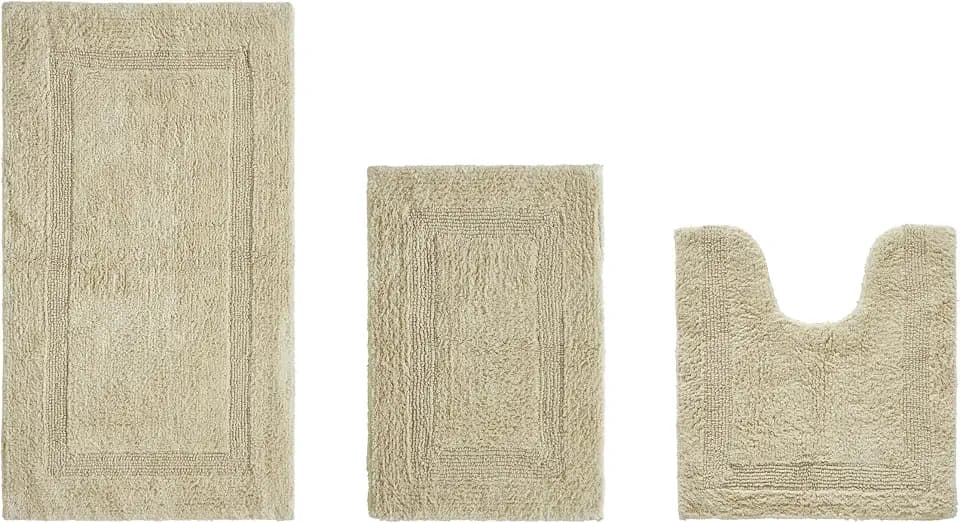Better Trends Bathroom Rugs 3 Piece Set 100% Cotton Bath Rug Soft Water Absorbent Reversible, Machine Washable for Bathroom Decor U Shap Toilet Base Contour Mat Sand Lux Collection