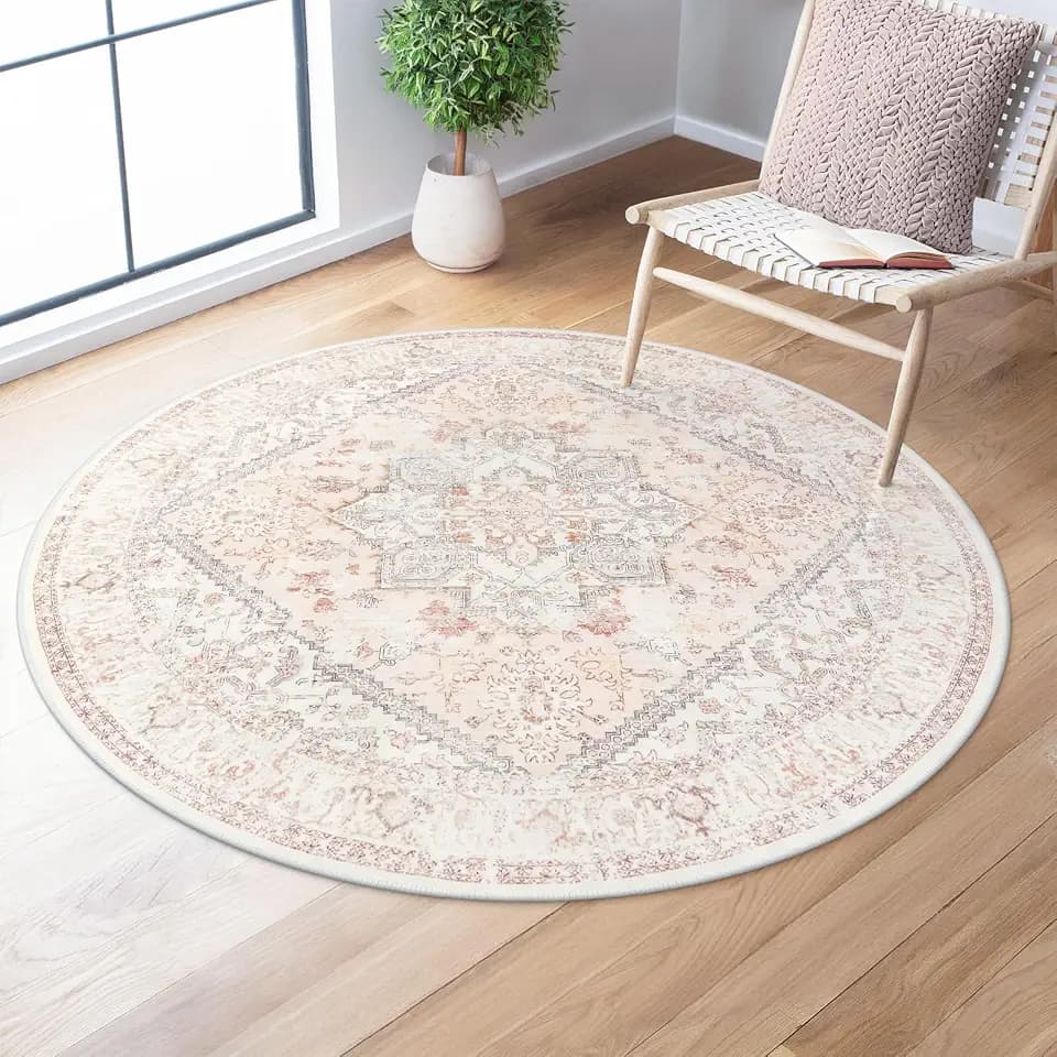 LIVEBOX Pink Vintage Round Rug 4ft Washable Floral Rug