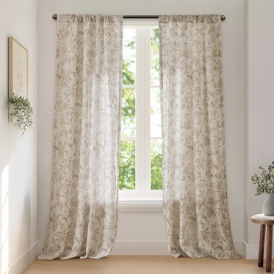 Madison Park Linen Floral Window Curtains, 2 Panel Set, 42x84 Neutral