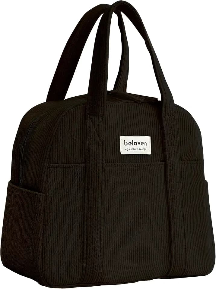 Insulated Lunch Bag for Women, 6-Hour Cold Retention Cooler Tote with Sturdy Handle, 15-Can Spacious Capacity, Leakproof Corduroy Fabric & Aluminum Foil Lining, (Black)