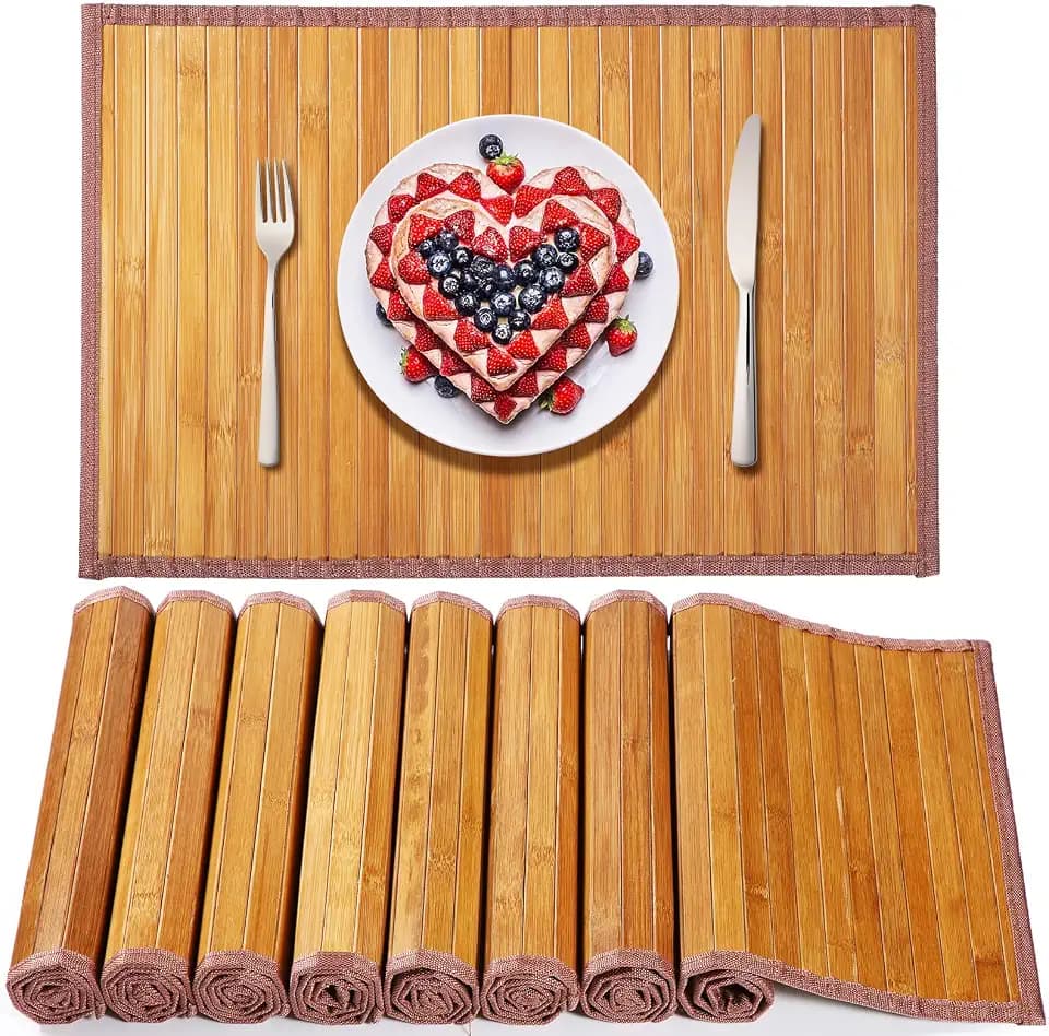 Hushee 8 Pcs Bamboo Placemats Dining Table Mats Washable Heat Place Resistant Mat for Dining Kitchen Room Table, 18 x 12 Inch