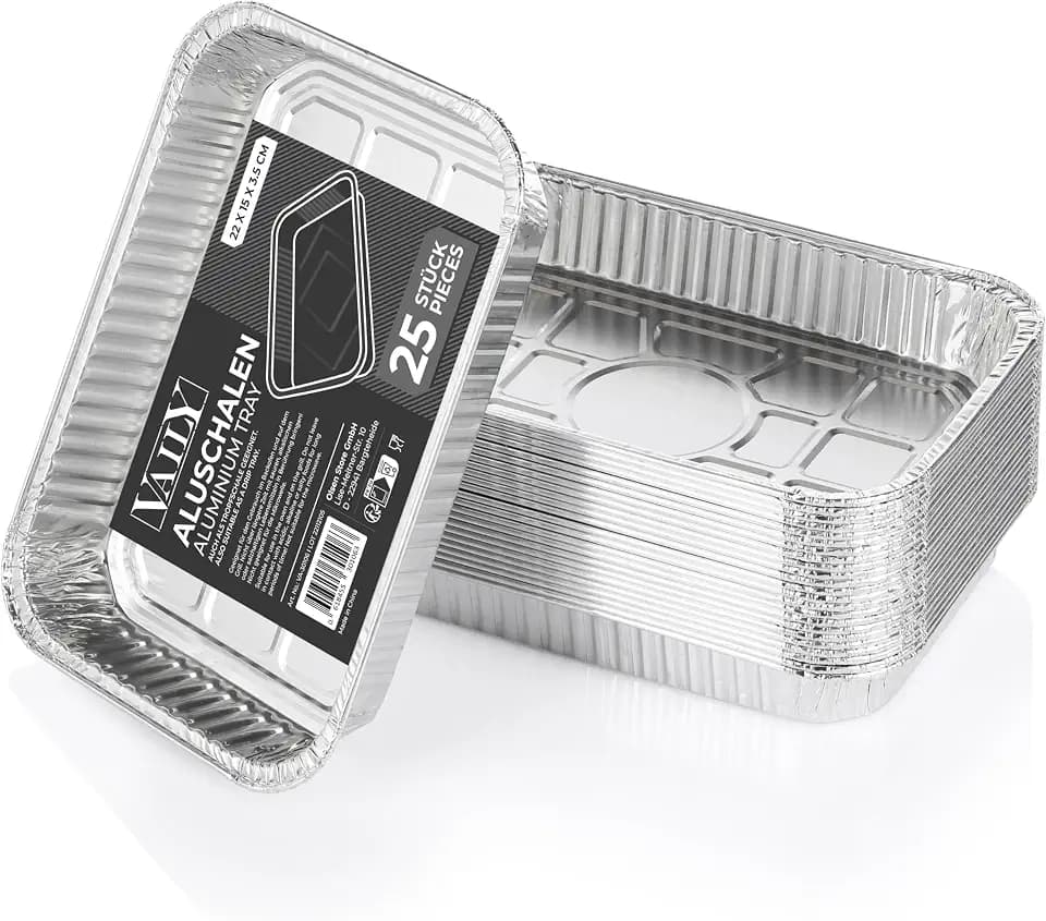 Vaily Alu Tropfschalen Klein 25er Pack - Veggie Aluschalen Grillschalen - Zubehör für Gasgrill, Kohlegrill & Elektrogrill als Fettauffangschale - 22 x 15 cm
