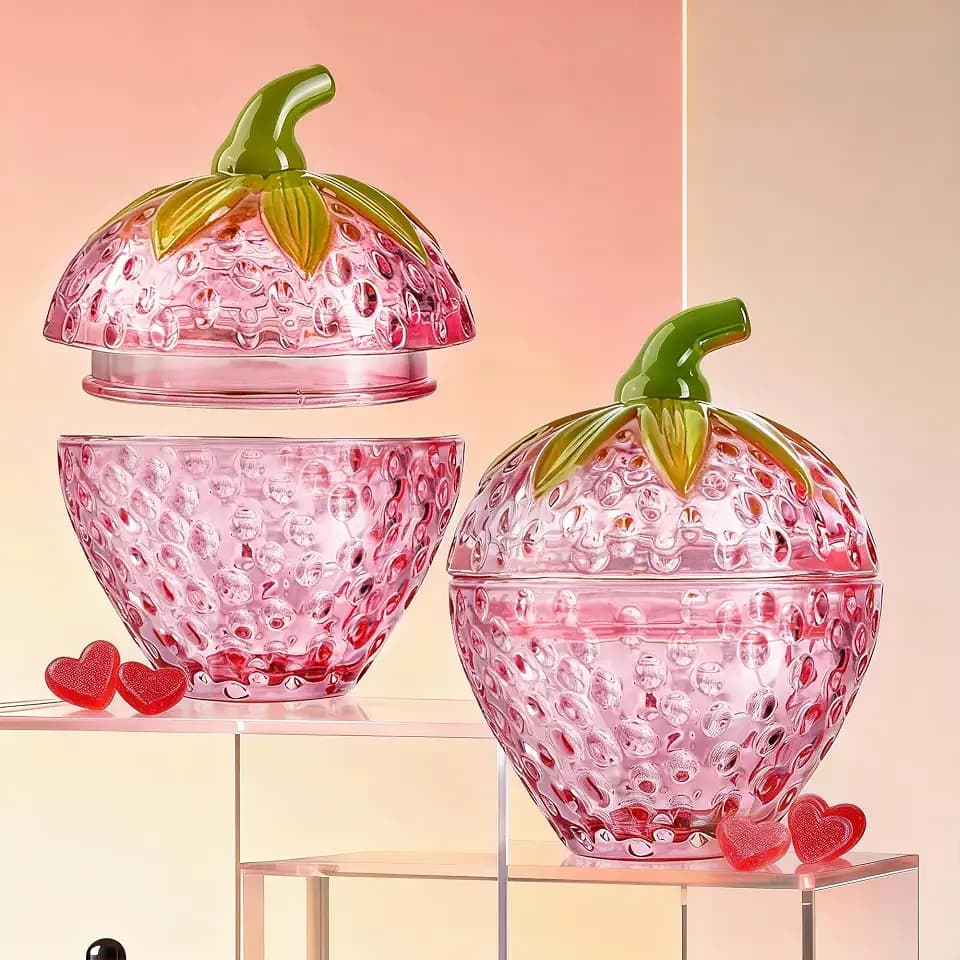 2 PCS Pink Strawberry Candy Jar with Lid, 3.5 oz Cute Crystal Candy Dish