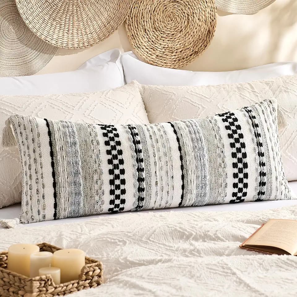 Kevin Textile Boho Tufted 14x36 Inch Lumbar Pillow Cover 1 Pack, Black