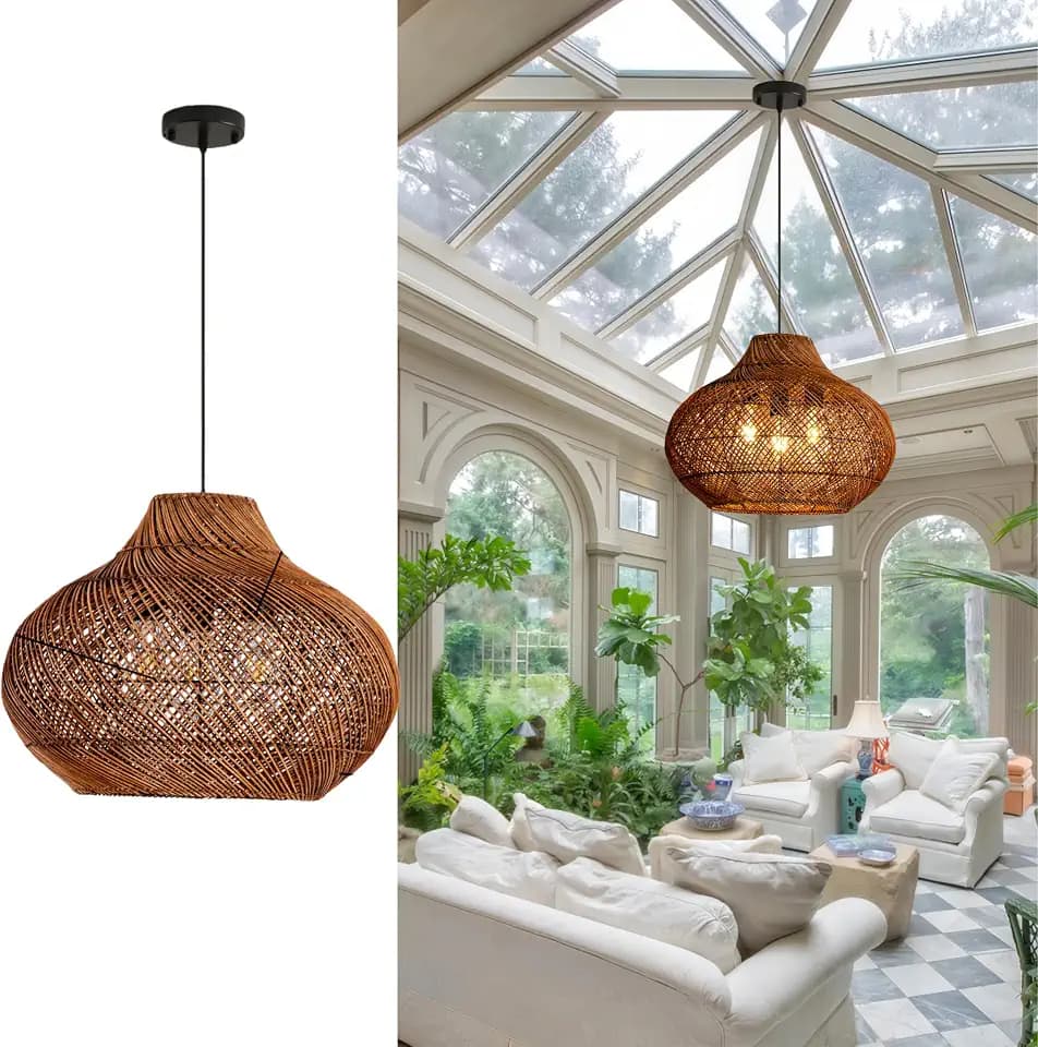 18.9IN Farmhouse Rattan Pendant Light 3-Lights Boho Round Wicker Dining Room Light Fixture Woven Bamboo Chandelier for Living Room Bedroom Staircase Reataurant Kitchen Island
