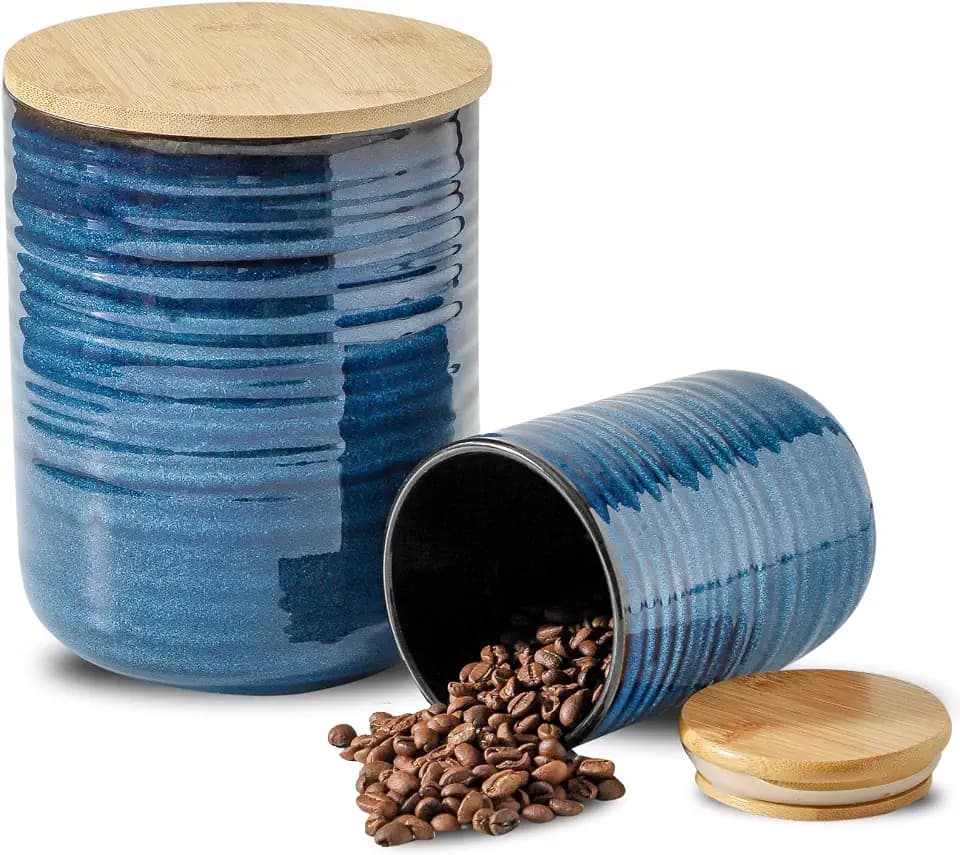 HASENSE Ceramic Food Storage Jars with Bamboo Lids – 80oz + 24oz Kitchen Canister Set – 7.5" & 5.9" Airtight Containers for Coffee, Tea, Sugar, Flour – Pantry Organization Jar Set of 2(Blue)