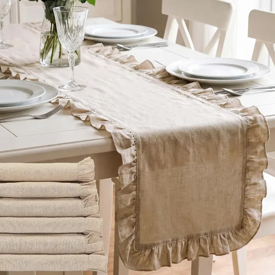 6 Pcs Neutral Beige Ruffled Table Runner, 13 x 72 Inch