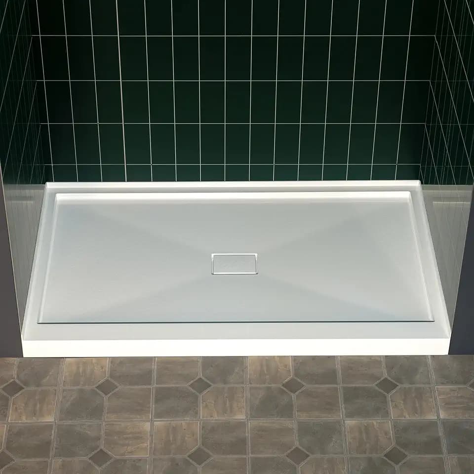 WOODBRIDGE 60" x 36" Solid Surface Shower Base in White with Center Drain,Single Threshold,Slip-Resistant Shower Pan for Alcove Installation