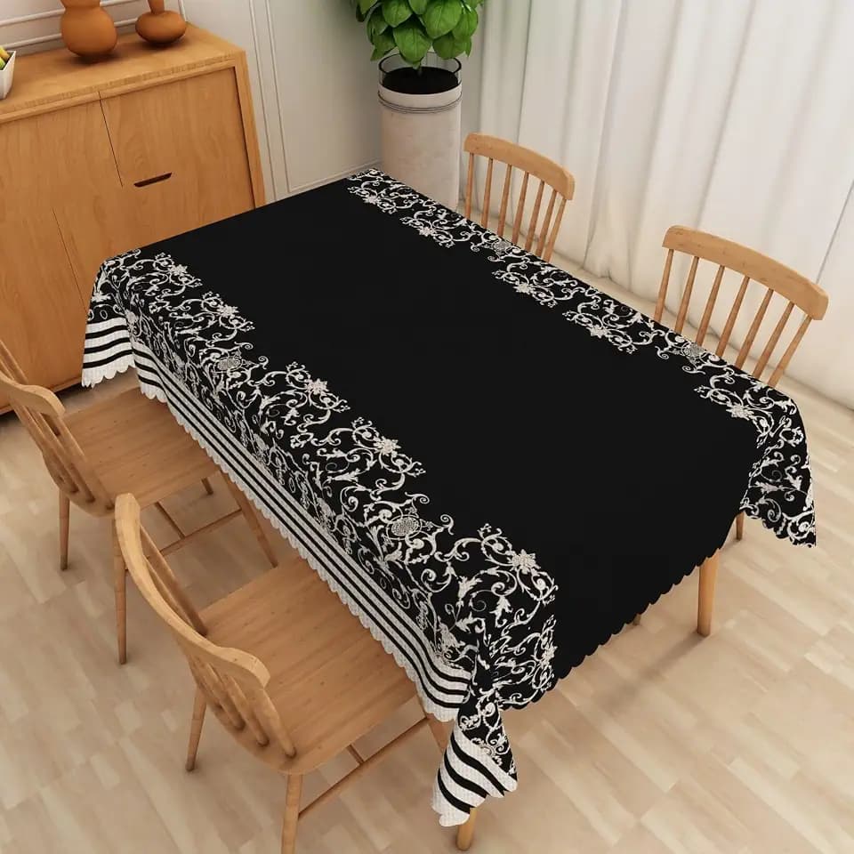 Boho Floral Linen Tablecloth Abstract Beige Black Damask Flower Pattern Rectangle Table Cloth for Modern Vintage Dining Room Kitchen Parties Weddings Birthday Decor, 54x108 inches