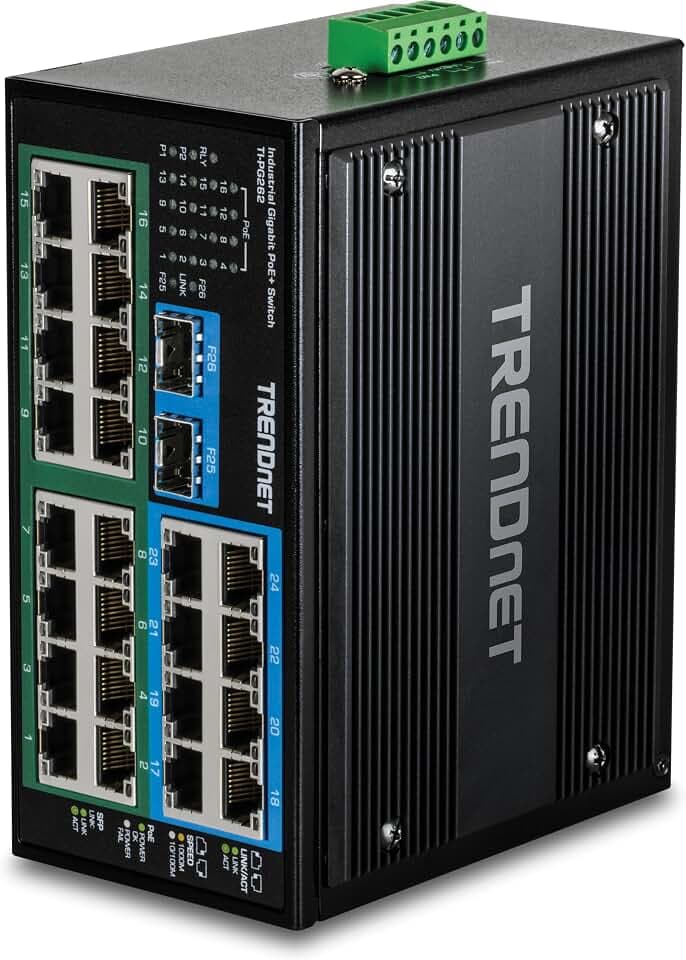 TRENDnet 26-Port Gehärteter industrieller Unmanaged Gigabit DIN-Rail Switch, TI-PG262, 16 x Gigabit PoE+ Ports, 8 x Gigabit RJ-45 Ports, 2 x SFP Ports, IP30, Lifetime Protection, Schwarz