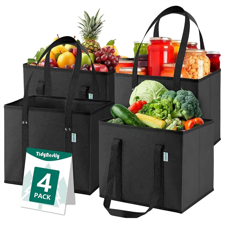 Reusable Grocery Bags(4 Pack), Foldable Shopping Bags for Groceries with Handles, Stand Up Collapsible Tote with Box Shape, Black